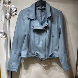 French Connection Light Blue Faux Leather Moto Jacket